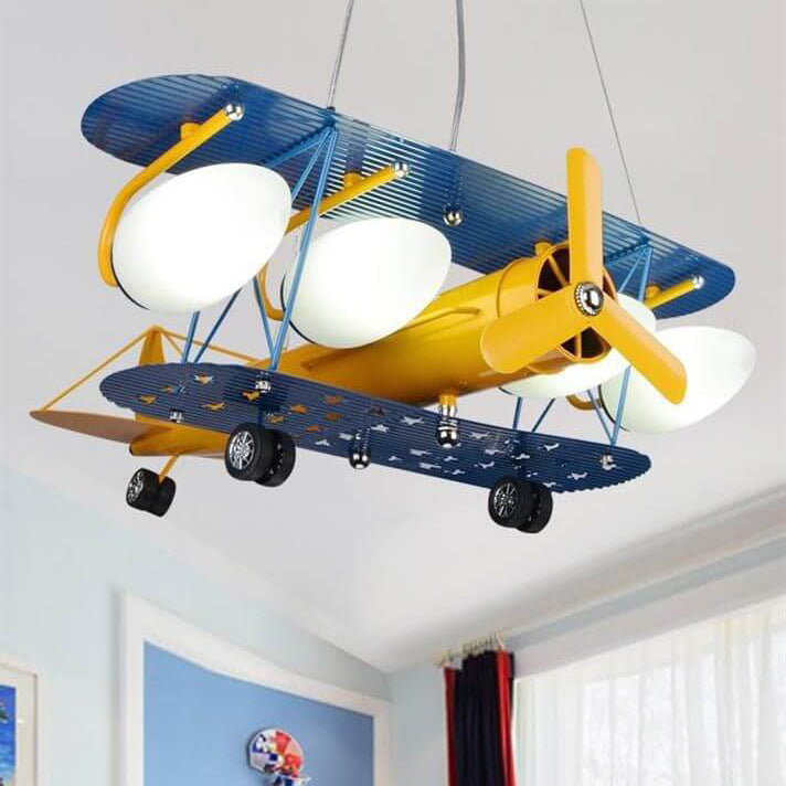 Contemporary Creative Cartoon Metal Aircraft Glass Shade 5-Light Kids Chandelier for Bedroom, Unique Kids Lighting Fixture, Fun Airplane Design, Stylish Bedroom Decor, Modern Ceiling Light for Children's Room, Colorful Aircraft Chandelier, Playful Lightin