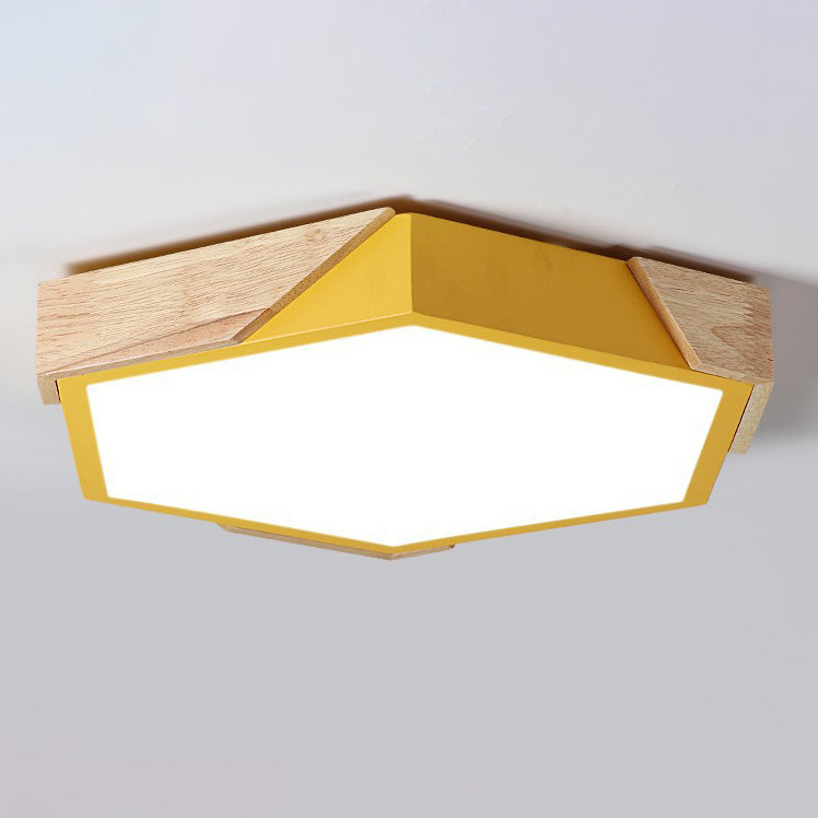 Contemporary Scandinavian Hexagonal Iron Wood Macaron LED Flush Mount Ceiling Light for Bedroom