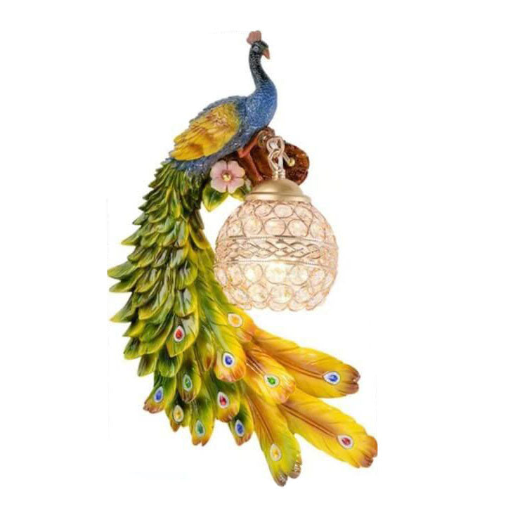 Vintage Ornate Resin Long Tail Peacock Wall Sconce Lamp - 1-Light Crystal Ball Shade