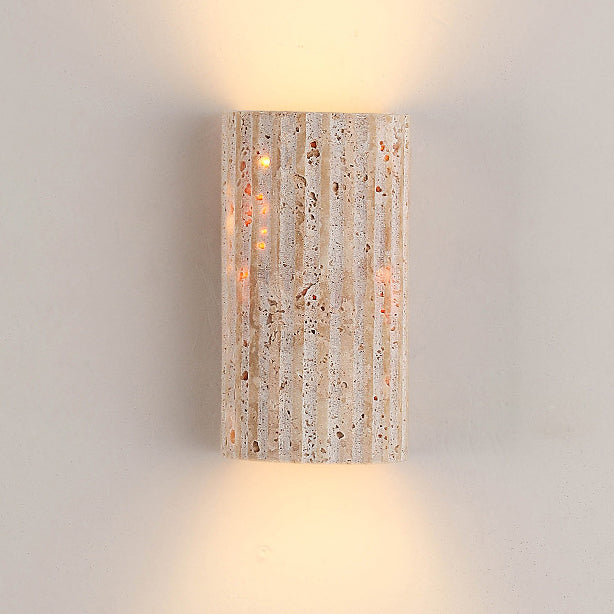 Traditional Japanese Striped Beige Travertine Semicircle LED Wall Sconce for Living Room - Waterproof Decor Lighting