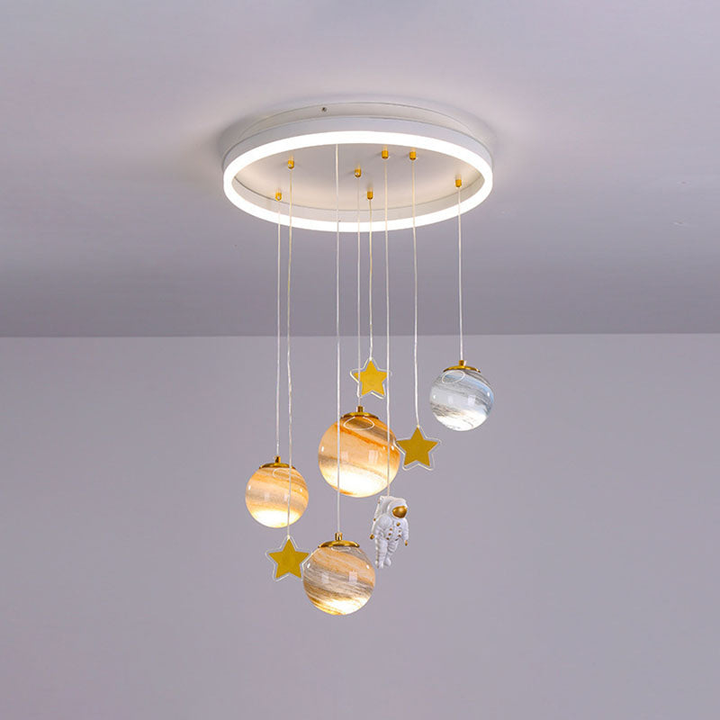 Contemporary Scandinavian Space Planet Acrylic Glass Round Shade LED Kids Flush Mount Ceiling Light for Bedroom, Kids Lighting, Scandinavian Design, Space Theme Decor, Modern Flush Mount Light, Acrylic Ceiling Fixture, LED Kids Room Light, Playroom Lighti