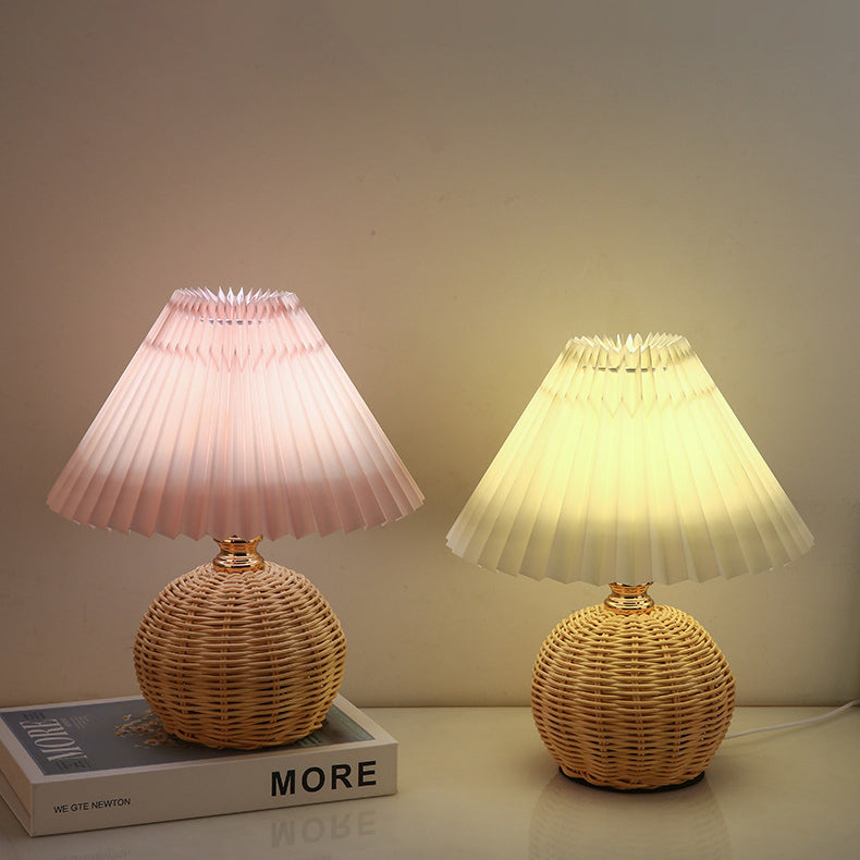 Contemporary Nordic Rattan Fabric Pleated Conic Ball LED Table Lamp Bedroom Decor Modern Lighting Elegant Home Accessories Stylish Bedroom Illumination Eco-Friendly Lighting Design Rustic Chic Table Lamp Warm White Glow Bedroom Aesthetic Sustainable Mater