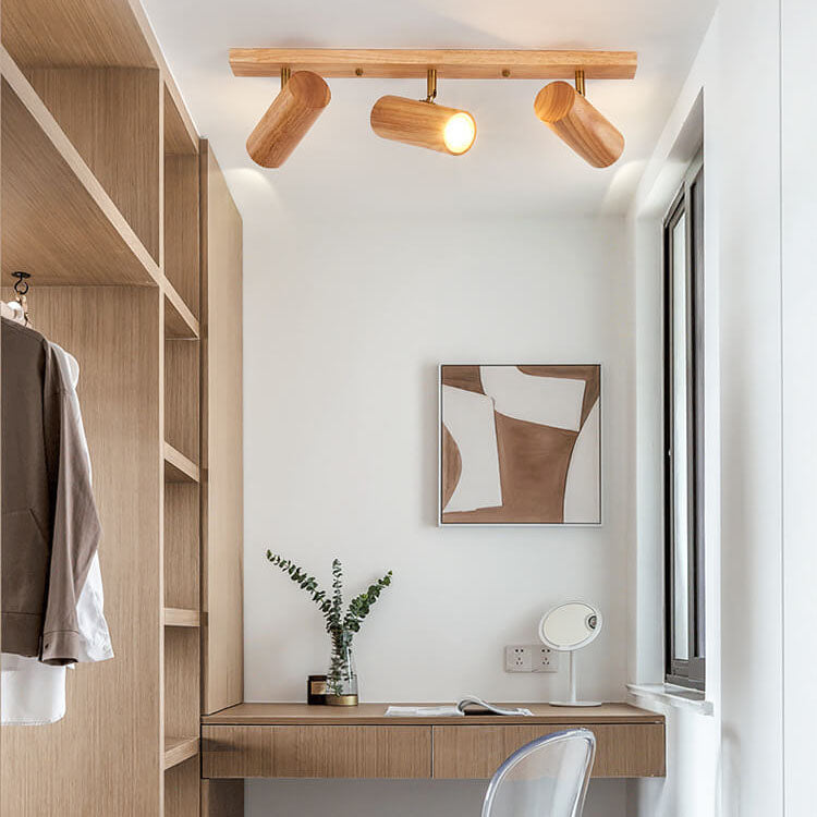Japanese Minimalist Solid Wood Spotlight Track Ceiling Light - 1/3/4 Light Flush Mount