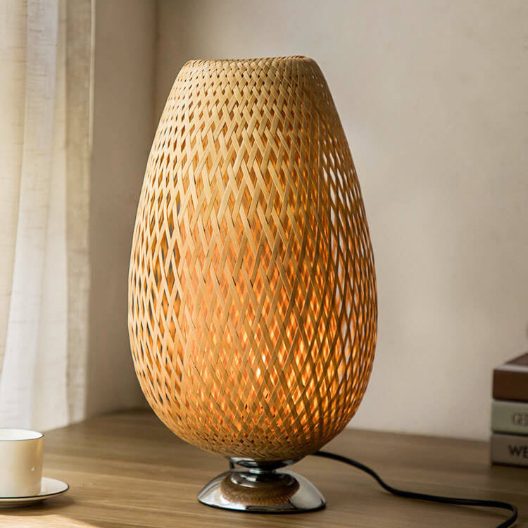 Traditional Chinese Moso Bamboo Iron Weaving Oval Table Lamp - 1-Light for Bedroom