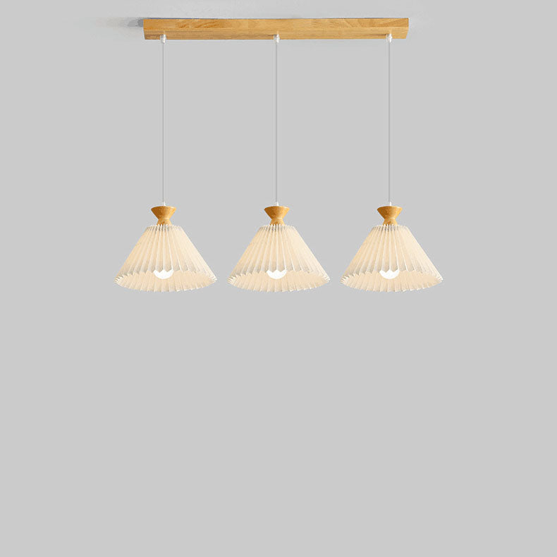 Traditional Japanese Rubberwood Pleated Cone Island Chandelier for Living Room