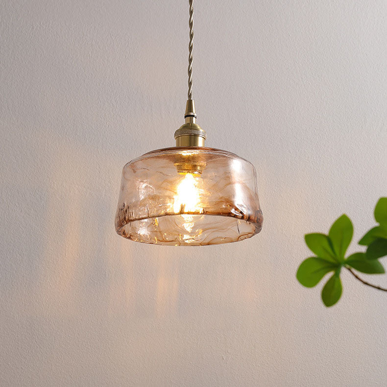 Vintage Amber Drum Glass Pendant Light for Living Room - Brass 1-Light Design