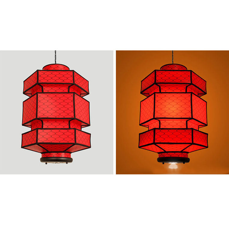 Chinese Retro Hexagonal Faux Sheepskin Pendant Light - 1-Light Iron Fixture