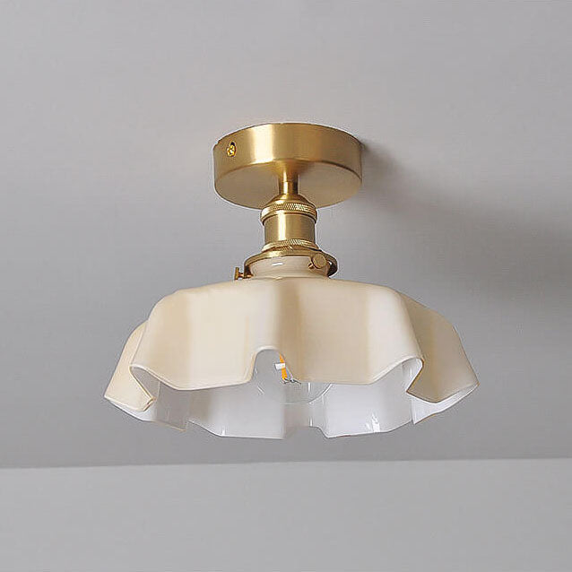 Japanese Vintage Cream Glass Floral Brass Semi-Flush Mount Ceiling Light