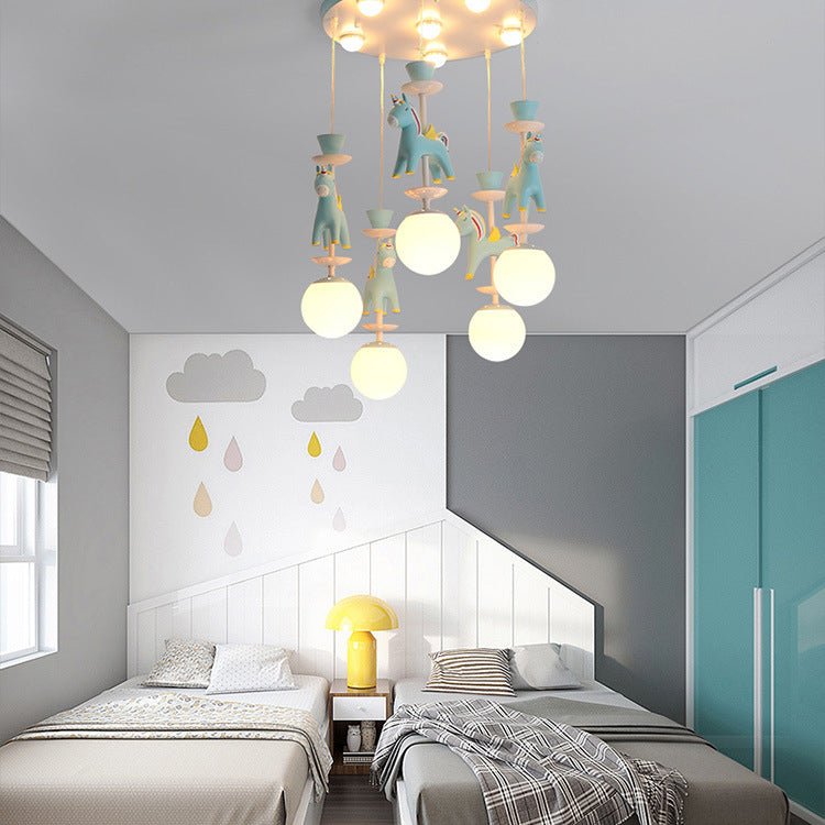 Modern Art Deco Kids Flush Mount Ceiling Light - Iron Resin Glass Round Base, 1/3/5 Light - Stylish Bedroom Lighting Fixture, Horse Theme, Vintage Inspired, Unique Decorative Light for Children's Rooms, Stylish Interior Illumination, Decorative Flush Moun