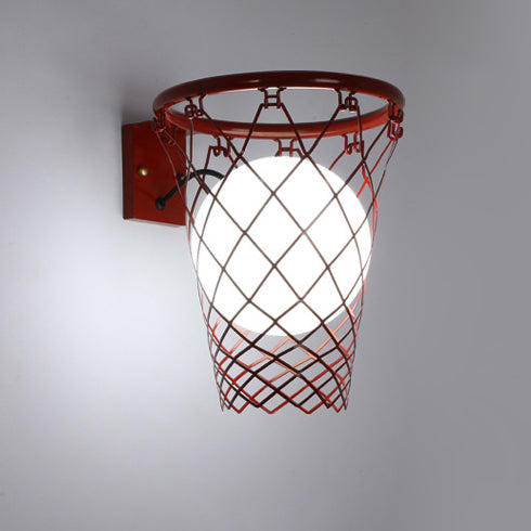 Modern Art Deco Kids Iron Glass Basketball Hoop 1-Light Wall Sconce Lamp Bedroom Lighting Decorative Fixture Adjustable Sports Theme Room Decor Playful Nightlight for Boys Girls Unique Design Fun Basketball Decor Wall Light