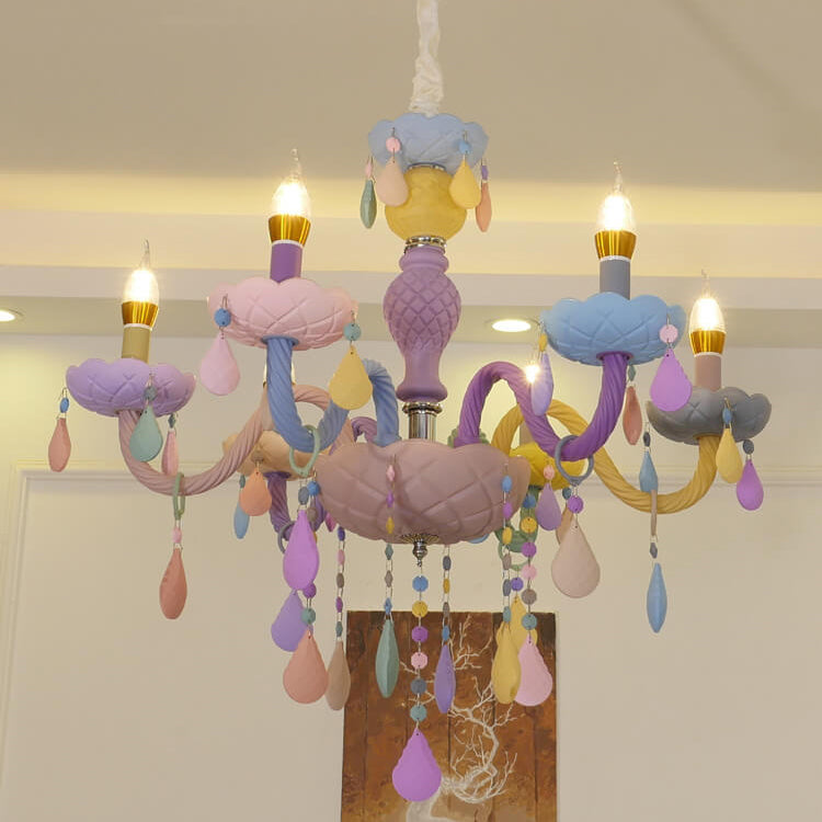 Modern Children's Princess Macaroon Candelabra Crystal Glass Chandelier 5/6/8/10/12/15 Light Fixture Elegant Decorative Lighting for Kids Room, Nursery, Playroom, Birthday Parties, Home Decor, Glamorous Princess Theme, Adjustable Hanging, Twinkling Illumi