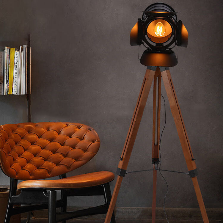 Contemporary Industrial Vintage Solid Wood Iron Tripod Floor Lamp for Living Room