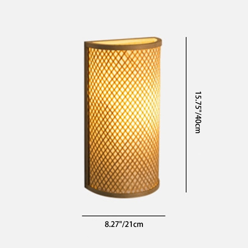 Traditional Japanese Bamboo Wall Sconce Lamp - Semicircular Cylinder, 2-Light for Bedside Lighting