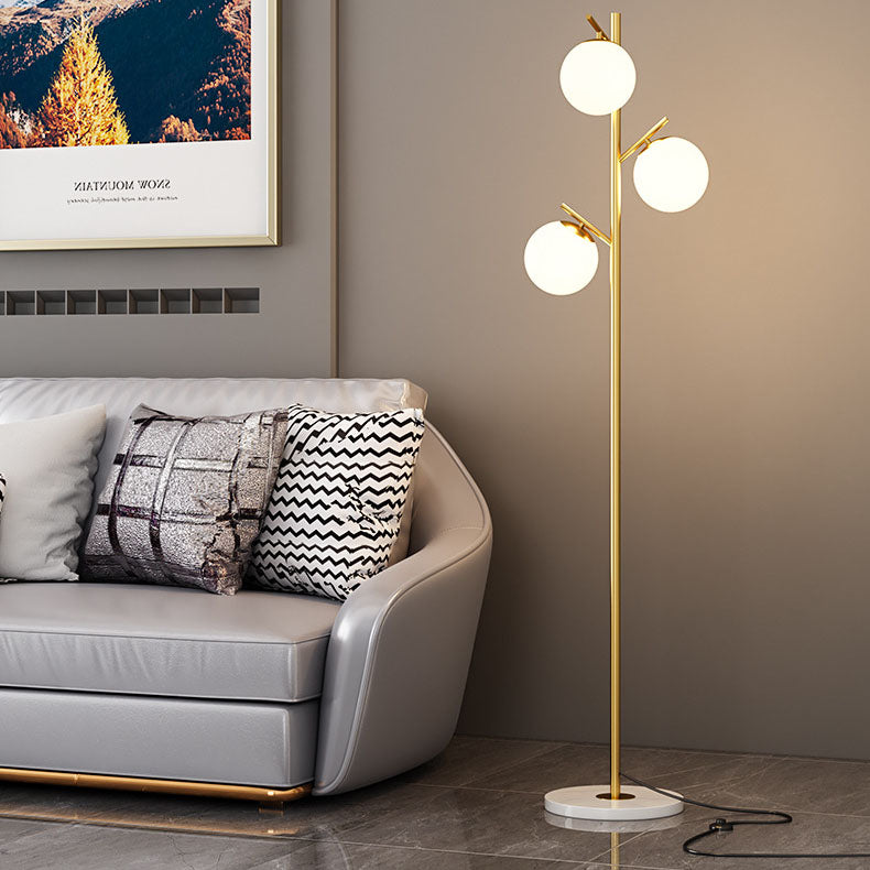 Contemporary Scandinavian Orb Pillar Floor Lamp - 3-Light Metal & Marble Glass for Living Room