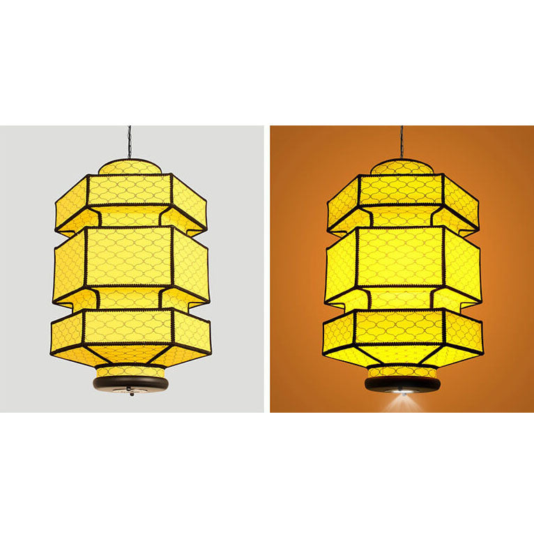 Chinese Retro Hexagonal Faux Sheepskin Pendant Light - 1-Light Iron Fixture