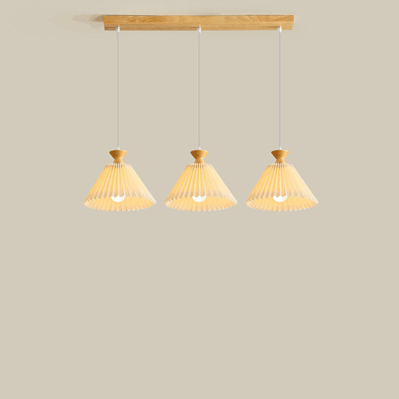 Traditional Japanese Rubberwood Pleated Cone Island Chandelier for Living Room