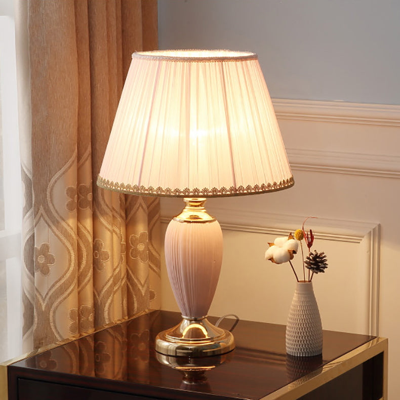Traditional Pleated Fabric Shade Ceramic Column Base Table Lamp - 1-Light Study Lamp