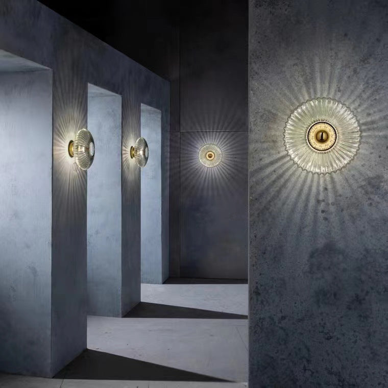 Contemporary Nordic Iron Striped Glass Wall Sconce Lamp - 1-Light Round Disc for Living Room