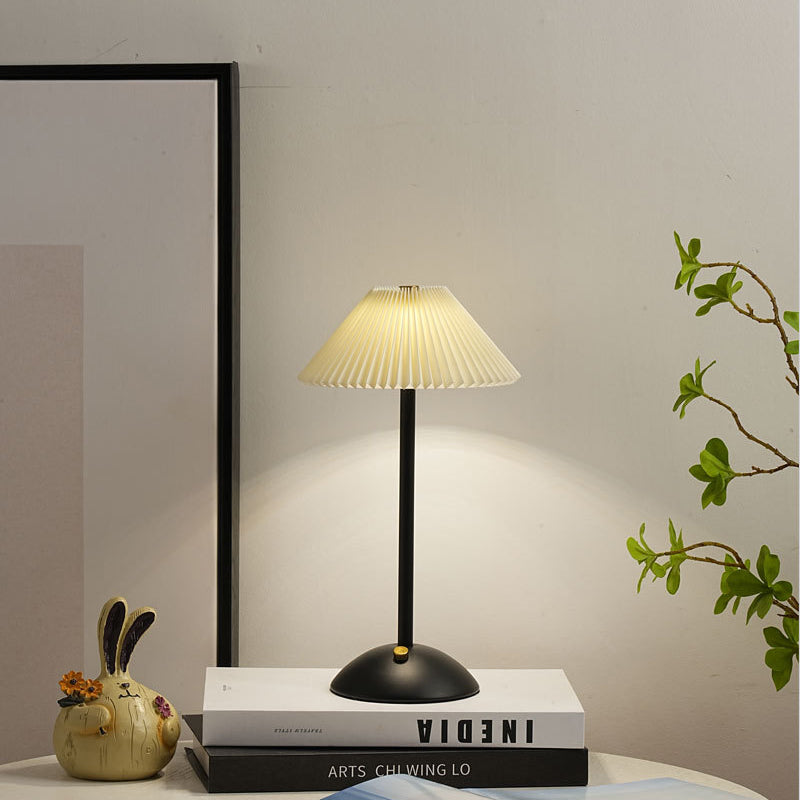 Contemporary Scandinavian Rechargeable Iron Fabric Conic Pleated 1-Light Table Lamp Bedside Modern Design Portable Nightstand Lighting Stylish Minimalist Home Decor Eco-Friendly Rechargeable LED Lamp Perfect for Bedroom Living Room Office Accent Light