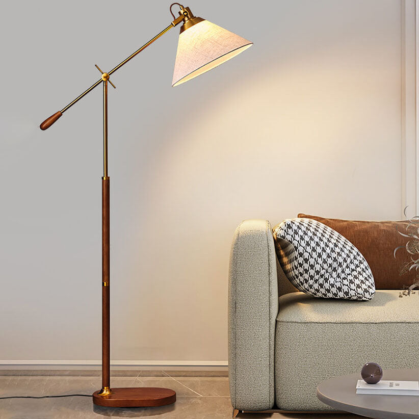 Vintage Fabric Cone Floor Lamp, Metal and Ash Wood, 1-Light for Bedroom