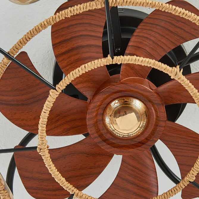 Rustic Round Drum Semi-Flush Mount Ceiling Fan Light - 4-Light Iron & Hemp Rope Fixture for Bedroom