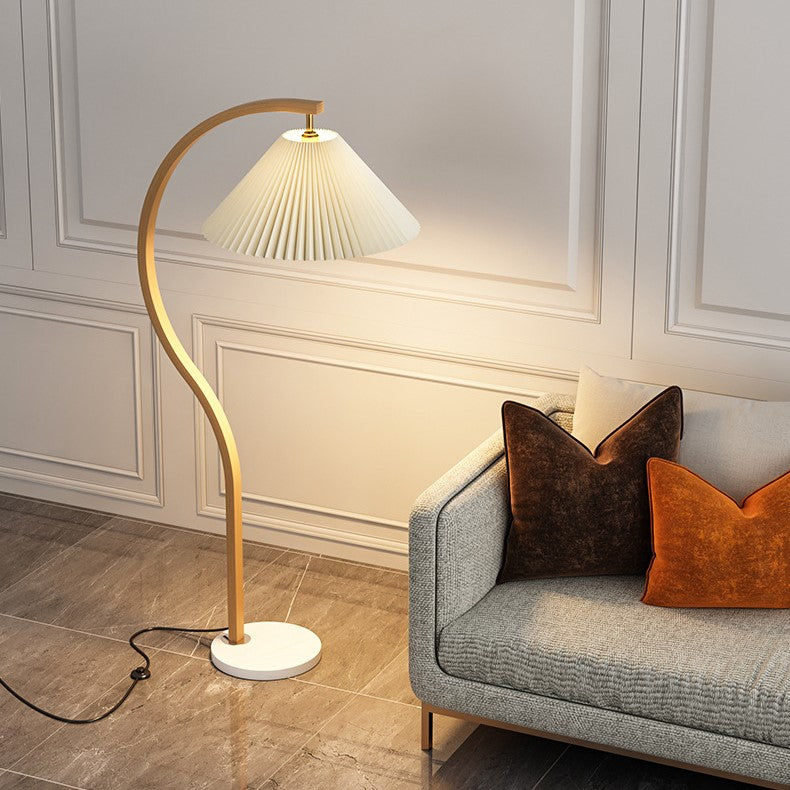 Modern Minimalist Pleated Fabric & Curved Iron 1-Light Floor Lamp for Living Room