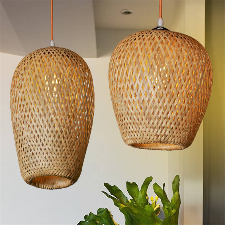 Vintage Bamboo Metal Weaving Round Pendant Light for Living Room