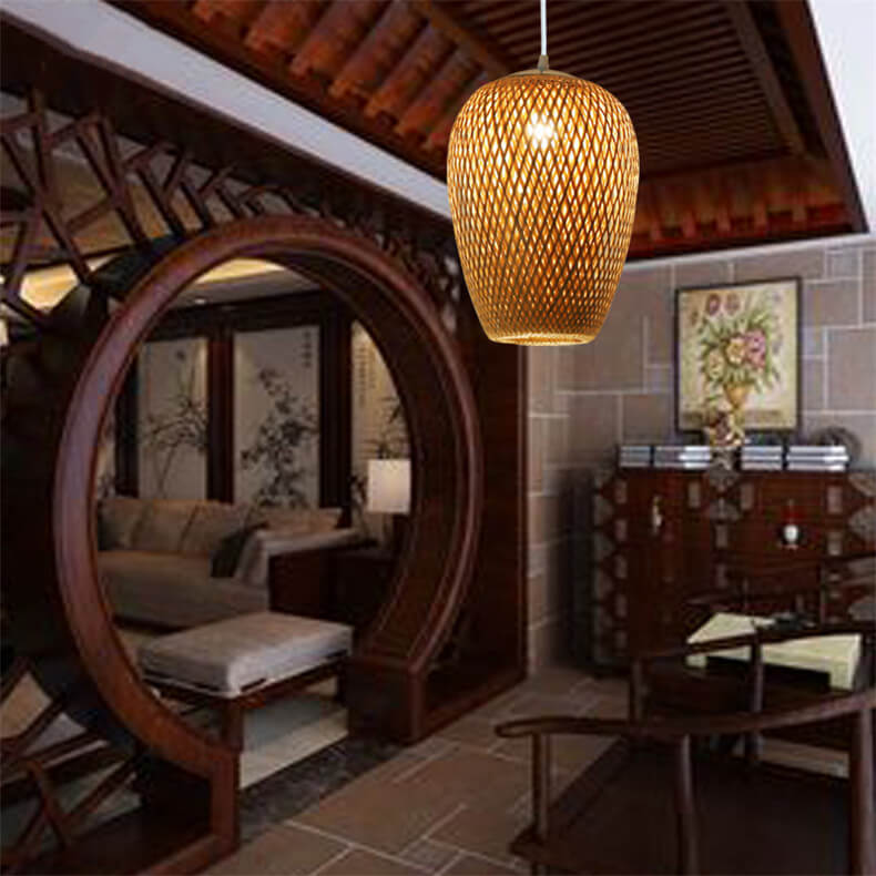 Vintage Bamboo Metal Weaving Round Pendant Light for Living Room