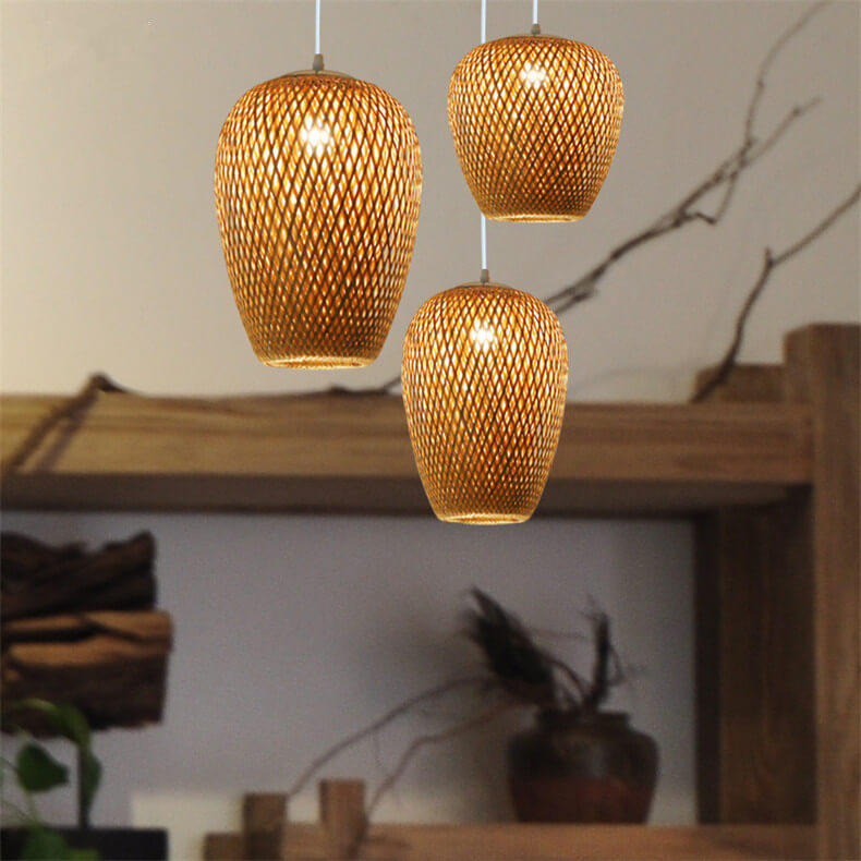 Vintage Bamboo Metal Weaving Round Pendant Light for Living Room
