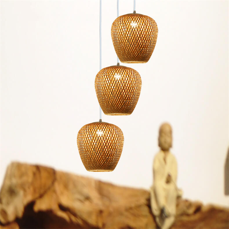 Vintage Bamboo Metal Weaving Round Pendant Light for Living Room