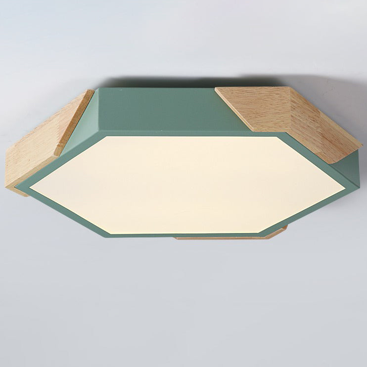 Contemporary Scandinavian Hexagonal Iron Wood Macaron LED Flush Mount Ceiling Light for Bedroom