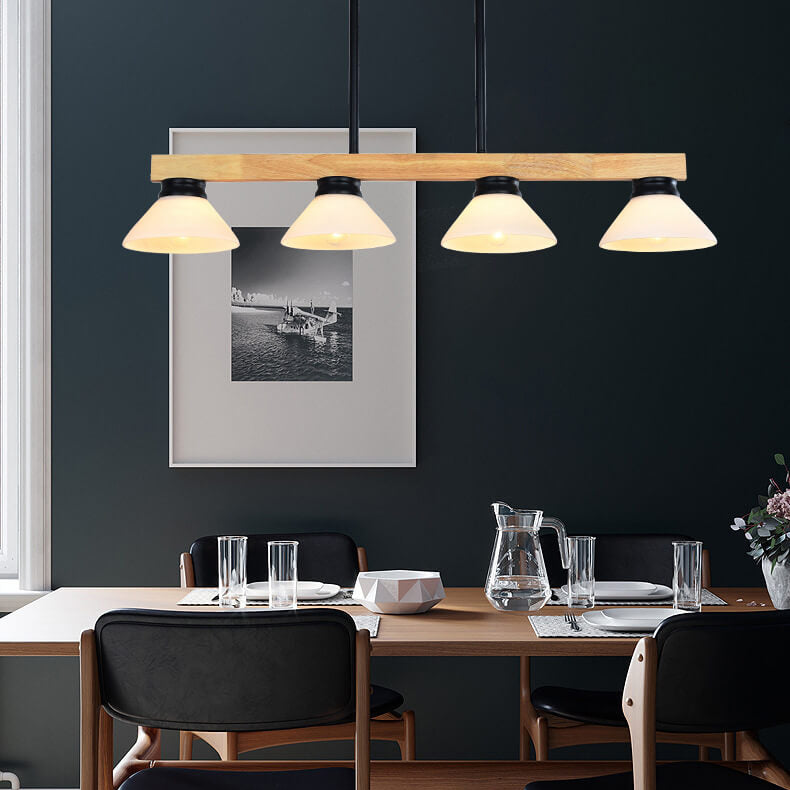 Nordic Solid Wood Cone Glass Shade 3/4 Light Island Chandelier