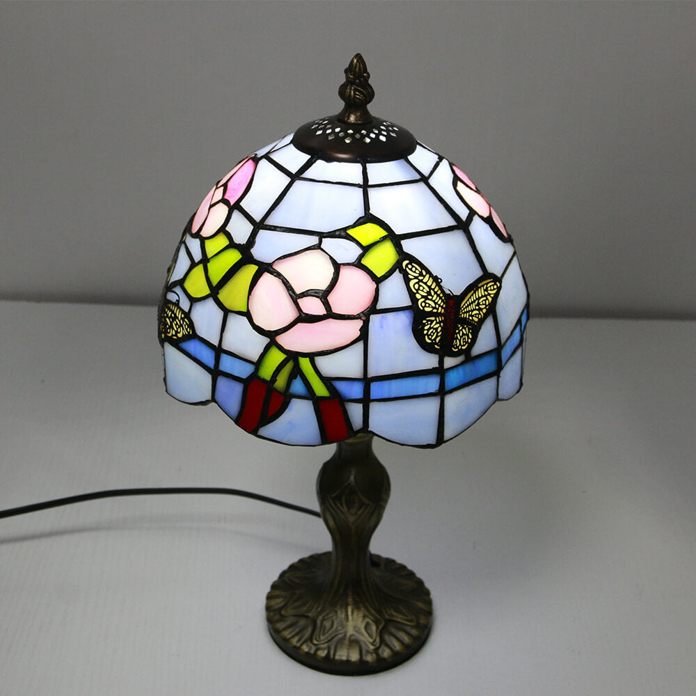 Vintage Tiffany Animal Flower Stained Glass Dome 1-Light Table Lamp