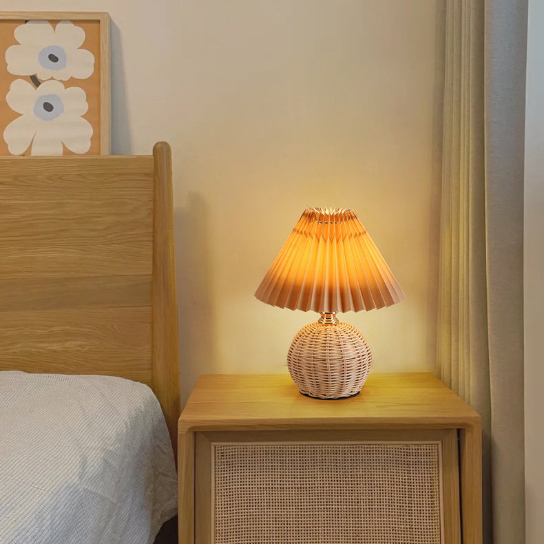 Contemporary Nordic Rattan Fabric Pleated Conic Ball LED Table Lamp Bedroom Decor Modern Lighting Elegant Home Accessories Stylish Bedroom Illumination Eco-Friendly Lighting Design Rustic Chic Table Lamp Warm White Glow Bedroom Aesthetic Sustainable Mater