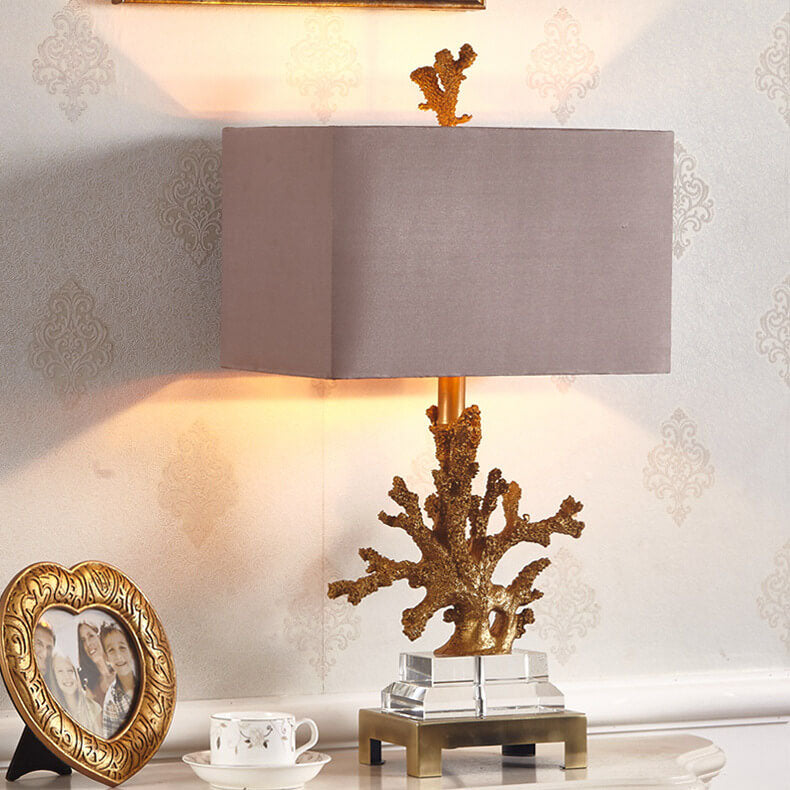 Modern Art Deco Linen Resin Crystal Coral Base 1-Light Table Lamp for Bedroom, Elegant Nightstand Lighting, Contemporary Home Decor, Decorative Bedroom Lighting, Unique Table Lamp Design, Stylish Coral Accent Light, Chic Bedroom Lighting Solution, Art Dec