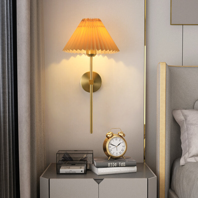 Vintage Pleated Fabric Shade Wall Sconce Lamp - Straight Arm 1-Light Design