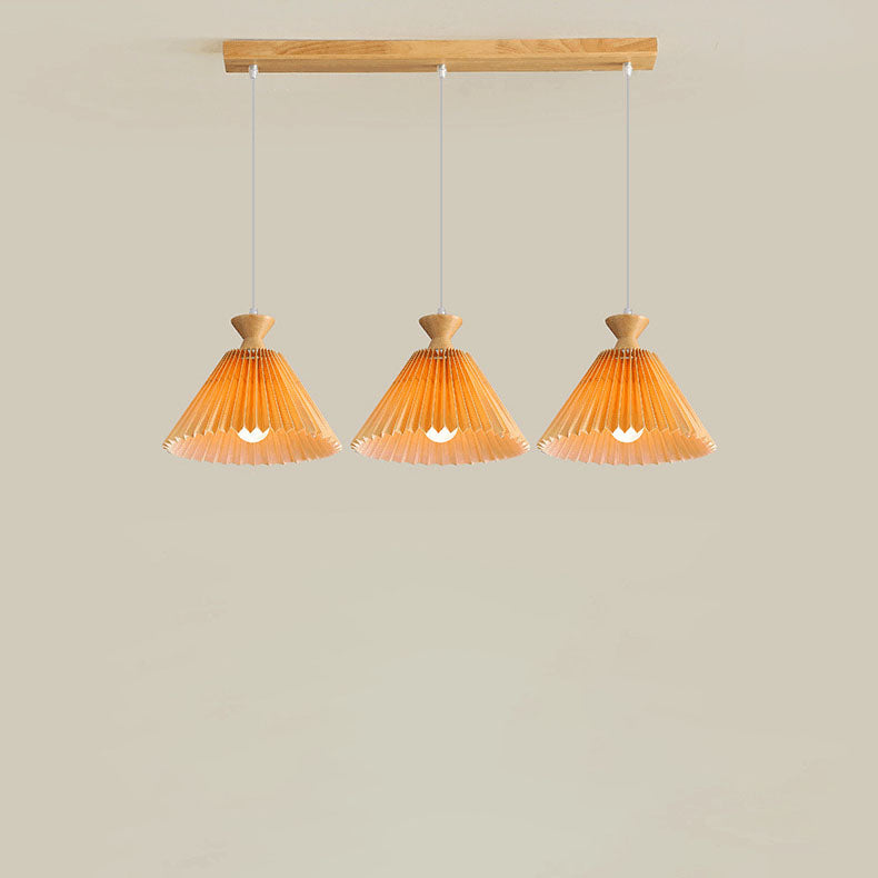 Traditional Japanese Rubberwood Pleated Cone Island Chandelier for Living Room