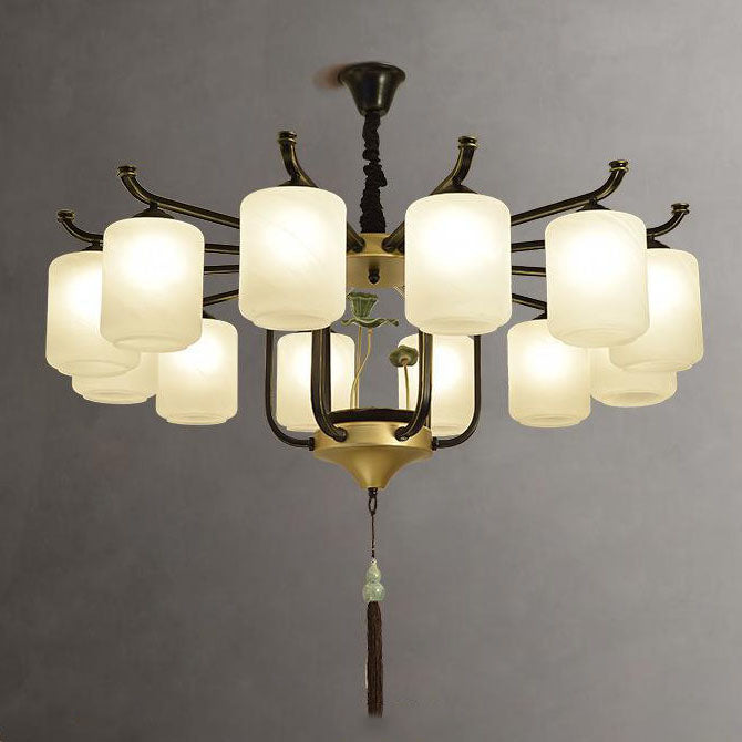 Traditional Chinese Iron Frame Cylinder Glass Shade Chandelier - 6/8/10/12 Lights for Living Room