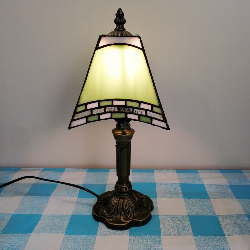 Traditional Tiffany Square Stained Glass Table Lamp - 1-Light Iron Fixture for Bedroom Decor