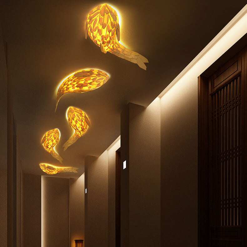 Modern Decorative Carp Linden Wood 2-Light Wall Sconce Lamp