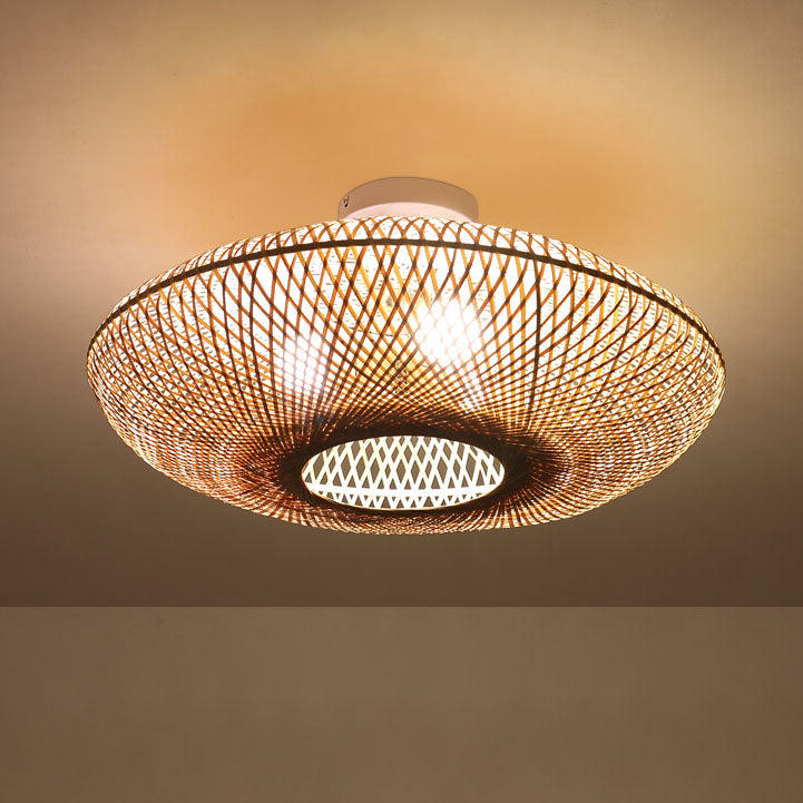 Traditional Japanese Bamboo Weaving Flying Saucer 3-Light Semi-Flush Mount Bedroom Light