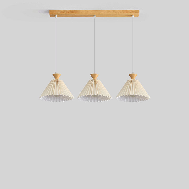 Traditional Japanese Rubberwood Pleated Cone Island Chandelier for Living Room
