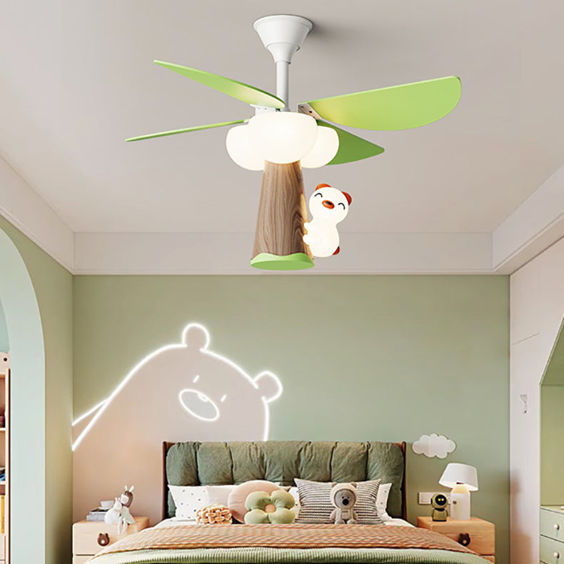 Contemporary Kids PVC Iron Wood Tree Bear LED Ceiling Fan Light