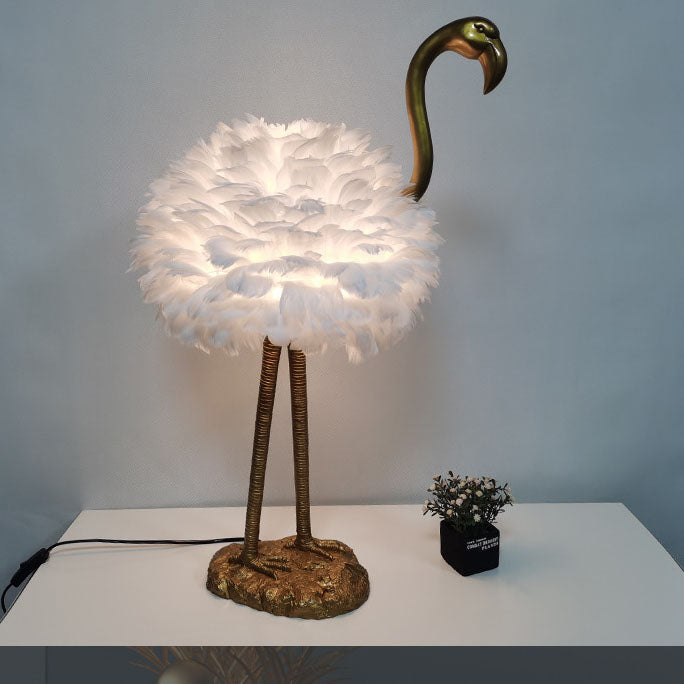 Contemporary Nordic Goose Feather Metal Flamingo Ball 1-Light Table Lamp for Bedside, Modern Accent Lighting, Decorative Bedroom Lamp, Unique Home Decor, Stylish Nightstand Light, Chic Flamingo Design, Soft Ambient Glow, Artful Lighting Fixture