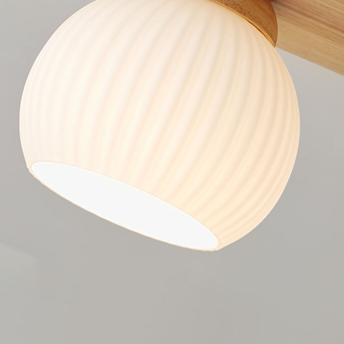 Traditional Japanese Striped Glass Wood Long Plate Flush Mount Ceiling Light