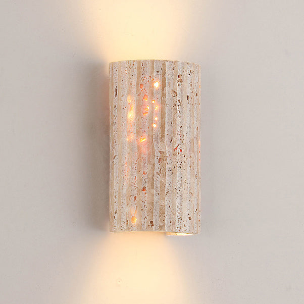 Traditional Japanese Striped Beige Travertine Semicircle LED Wall Sconce for Living Room - Waterproof Decor Lighting