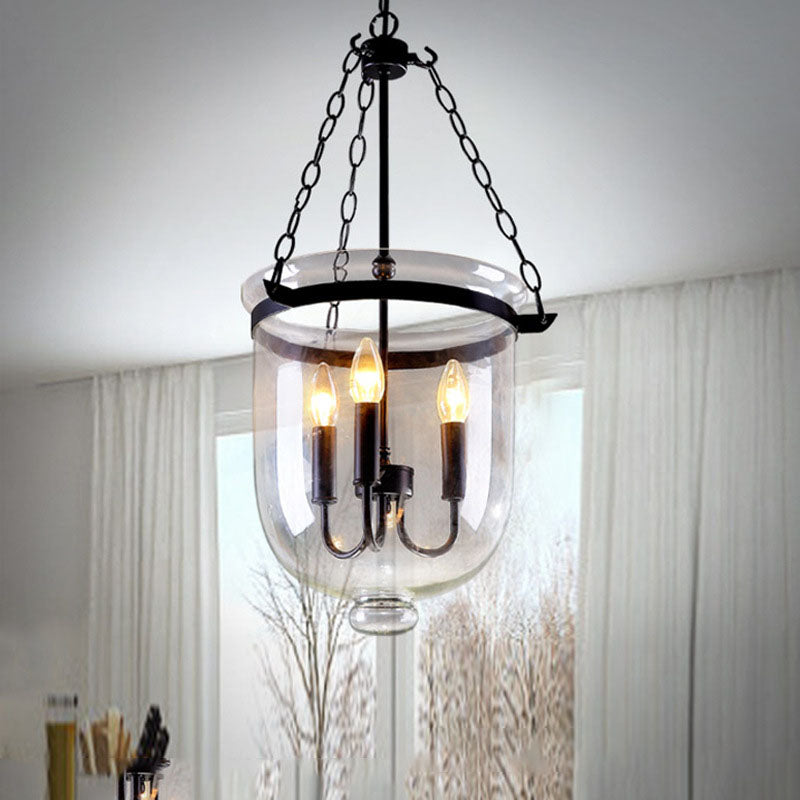 Rustic Round Glass Bucket Iron Candelabra 3-Light Chandelier for Living Room