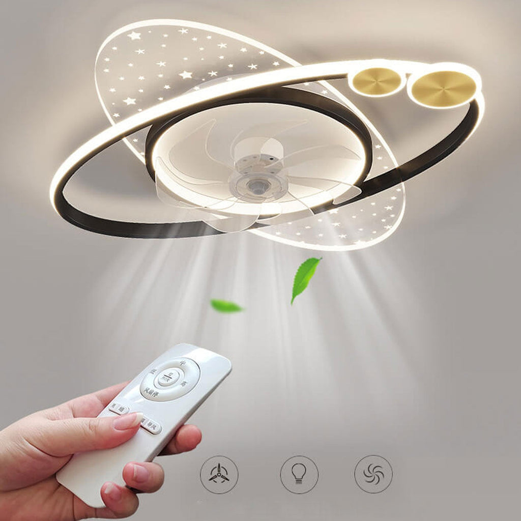 Modern Creative Planet Star Effect LED Flush Mount Ceiling Fan Light, Contemporary Indoor Lighting Fixture, Energy-Efficient Ceiling Fan with Light, Stylish LED Ceiling Fan for Home Decor, Whisper Quiet Ceiling Fan with Remote Control, Unique Star Pattern