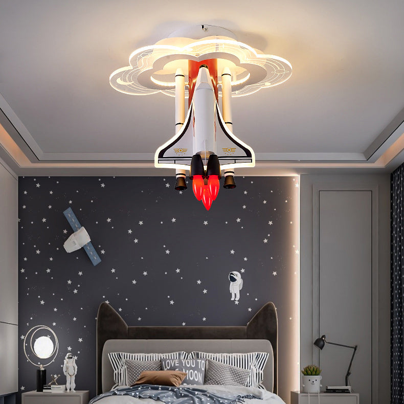 Contemporary Creative Iron Cartoon Aerospace Rocket Acrylic LED Kids Flush Mount Ceiling Light for Living Room, Playroom, Nursery, Modern Children's Lighting Fixture, Space-Themed Home Decor, Adjustable Brightness, Energy Efficient Kids Room Accessories