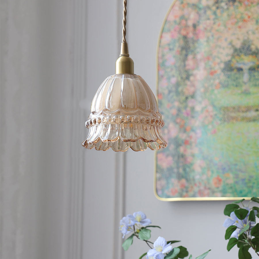 Traditional French Pastoral Walnut Jellyfish Pendant Light - 1-Light Glass Shade for Living Room